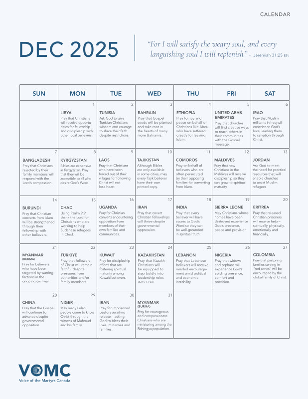 Prayer Calendar - Dec 2025