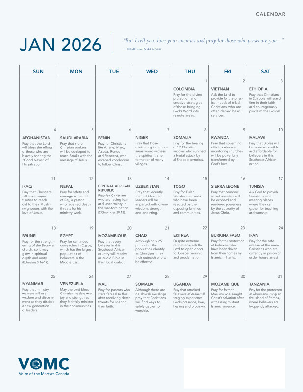 Prayer Calendar - Jan 2026