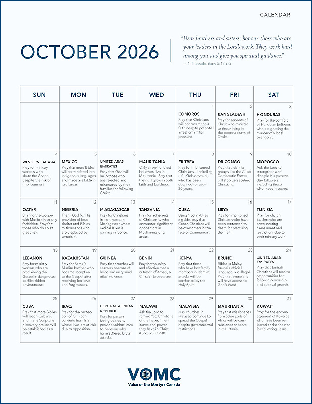 Prayer Calendar - Oct 2026