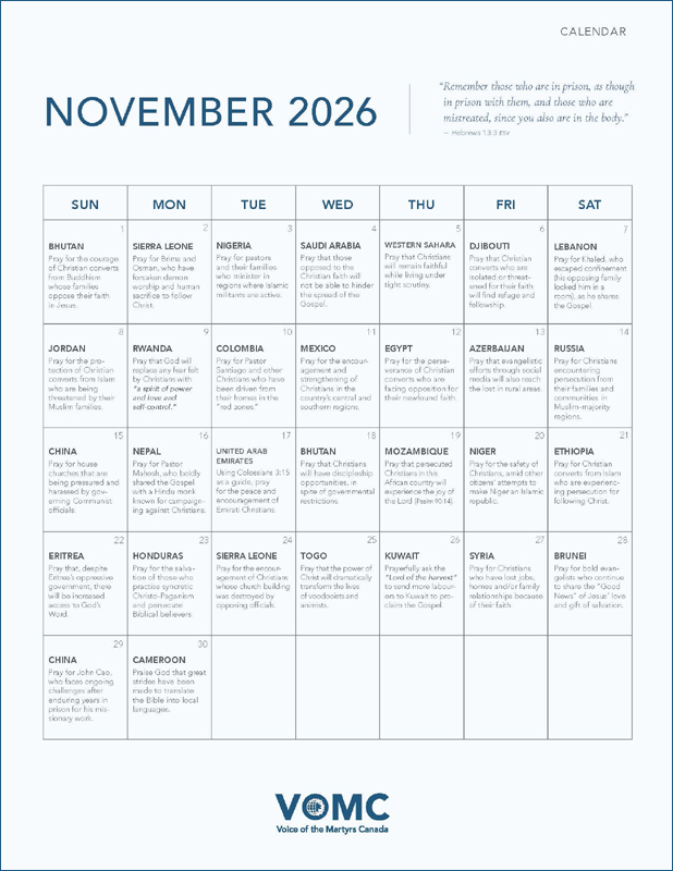 Prayer Calendar - Nov 2026