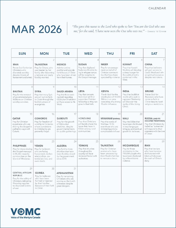 Prayer Calendar - March 2026