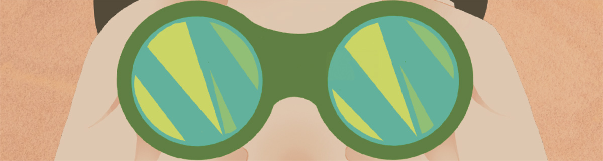 Stylized drawing of a child looking through binoculars.